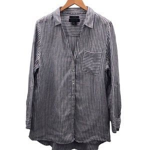 Tahari 100% Linen Shirt Womens Large Beachy Striped Lagenlook Roll Tab Sleeve